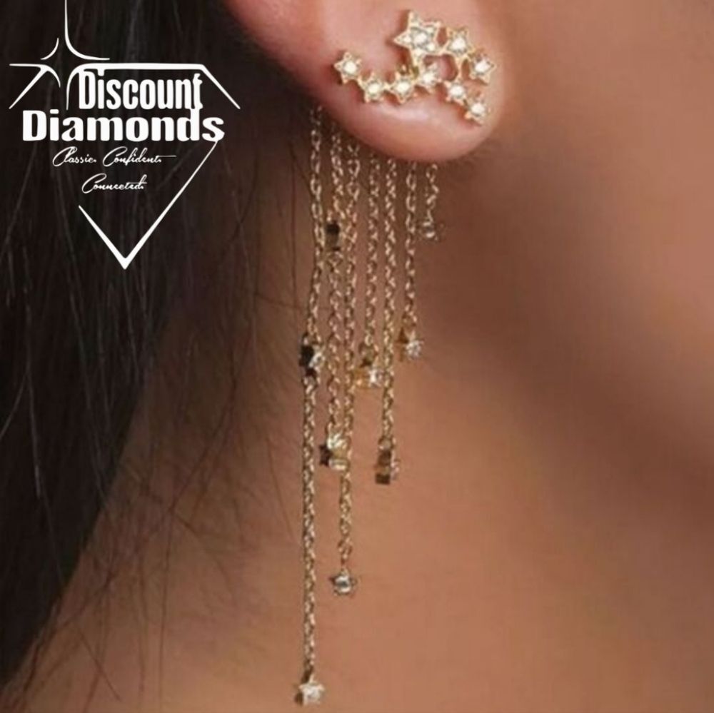 White Baguette Diamond Drop Earrings 14K Gold on 925 Sterling